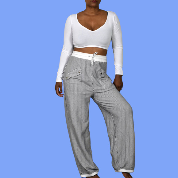 Vintage Lyse Spenard Pants Black Stripe Knit Drawstring Stretch Lagenlook Large - Picture 1 of 15